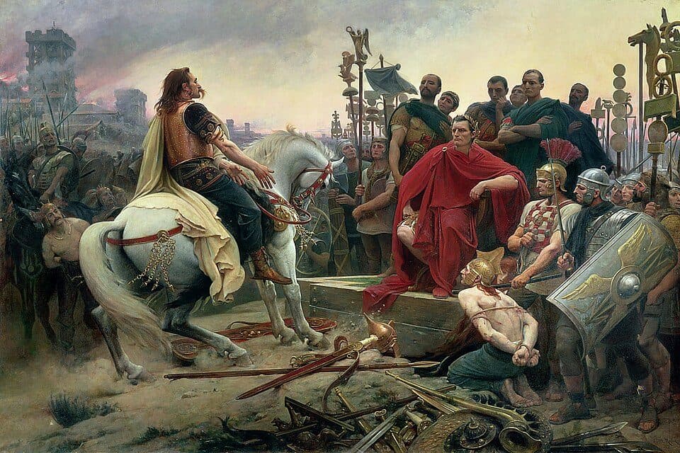 Vercingétorix à cheval jette ses armes devant César